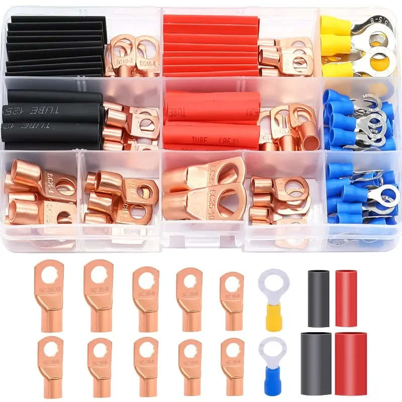 

110PCS Copper Cable Wire Lugs Ring Terminals Connectors with Heat Shrink Tube Battery Cable Ends AWG 2 4 6 8 10 12 14 16 Gauge