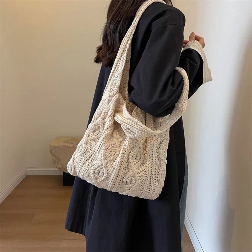 Wool Knitted Shoulder Shopping Bag for Women Vintage Cotton Cloth Girls Tote Shopper Bag Large Female Handbag Crochet Bag