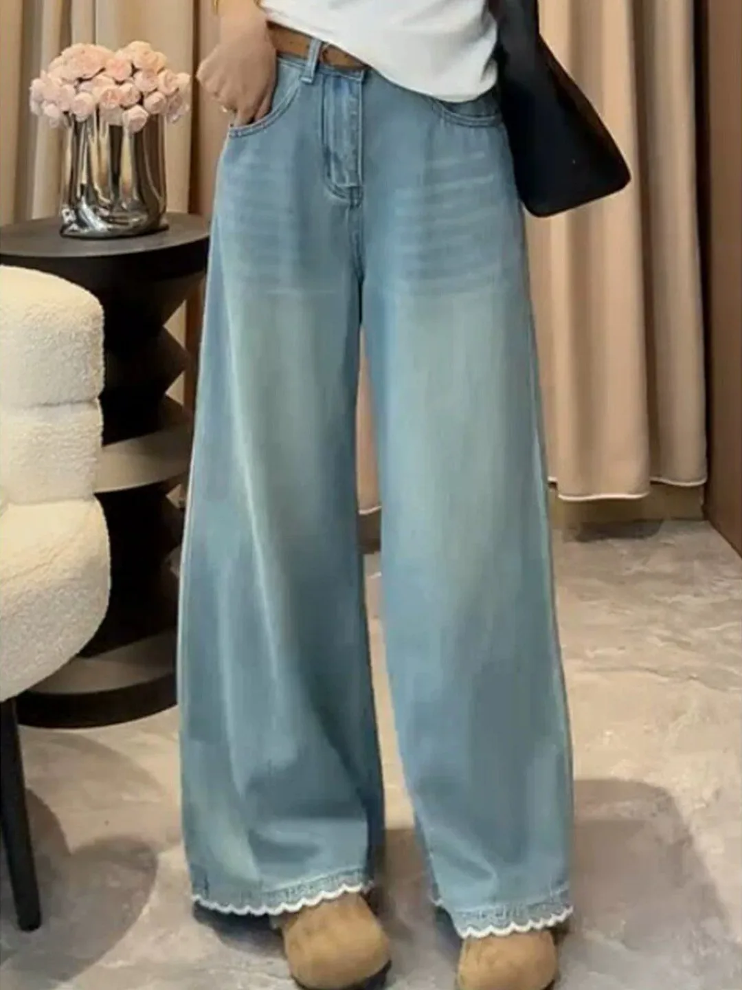 

Light Blue Oversized Denim Pants Floral Lace Hem Casual High Waist Cotton Soft Breathable Spring Season Women's Premium Jeans
