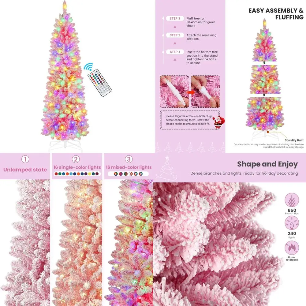 

6-футовая тонкая рождественская елка-карандаш с предварительной подсветкой и снежным флоком, искусственная шарнирная рождественская елка с дистанционным управлением, многоцветная RGB-подсветка, идеально подходит для праздника