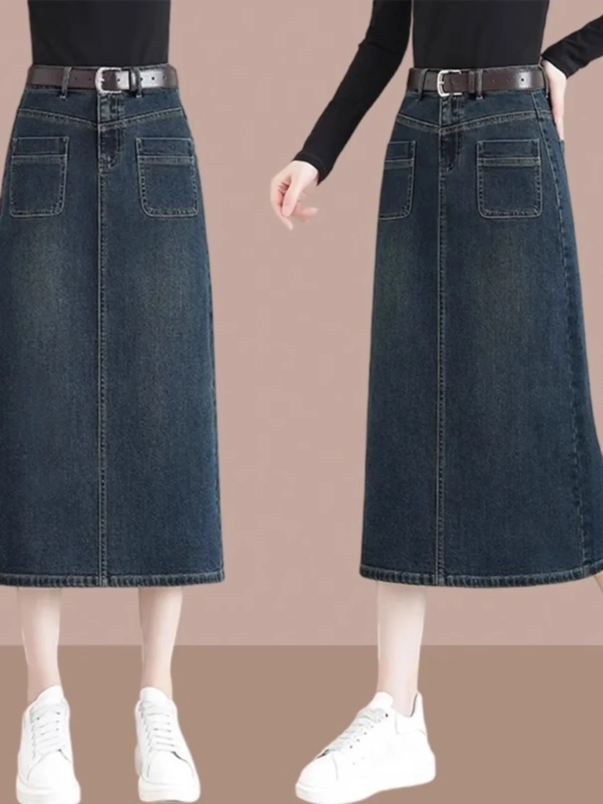 

Юбка-миди трапециевидной формы с высокой талией, женская джинсовая юбка f-длины, весна-осень, новая драпированная юбка с разрезом, однотонная юбка для поездок на работу