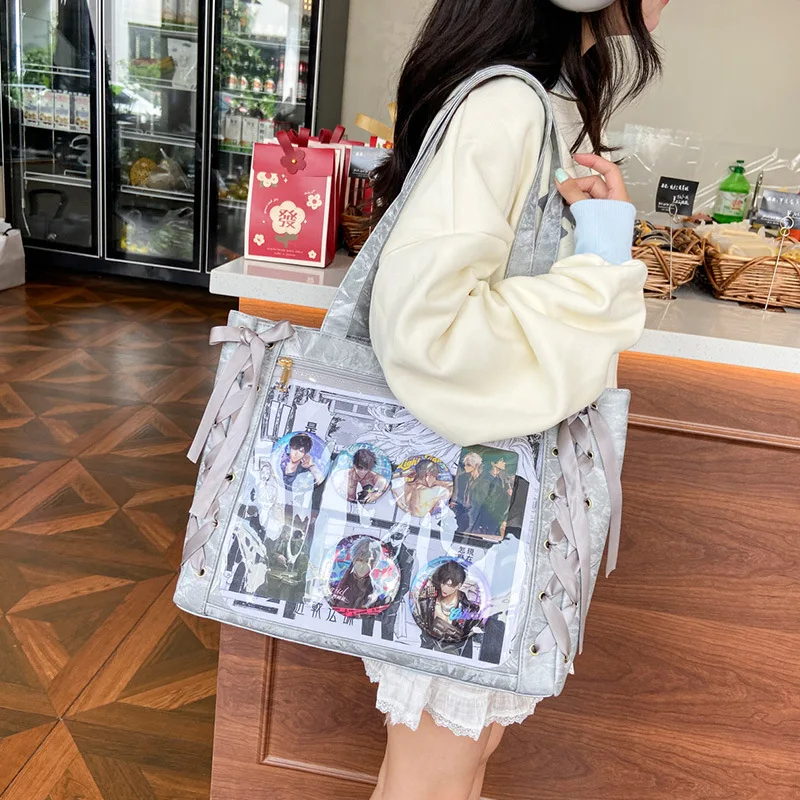 

Transparent DIY Decor Badge Pin Shoulder Bag for Student Girl INS Simplicity Sweet Bow Ribbon Tote Bag Cute Large Capacity Bag