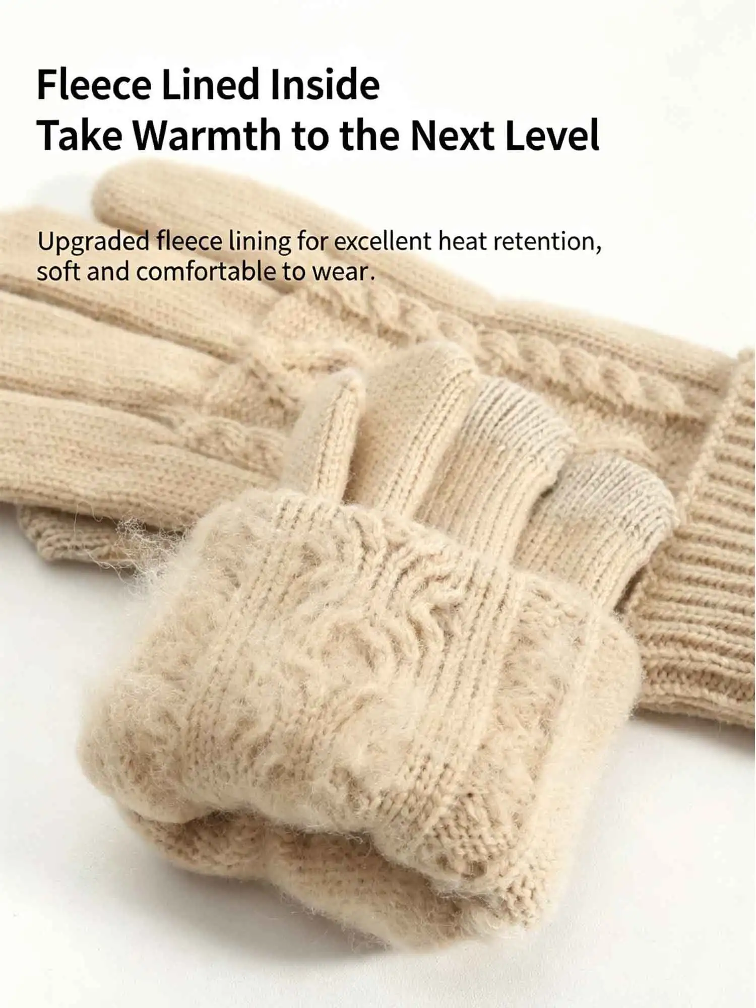 Women's Winter Touchscreen Diamond Pattern Knit Gloves, Warm Fleece Lined Simple Solid Color Handwear, Foldable Cuff for Cold We