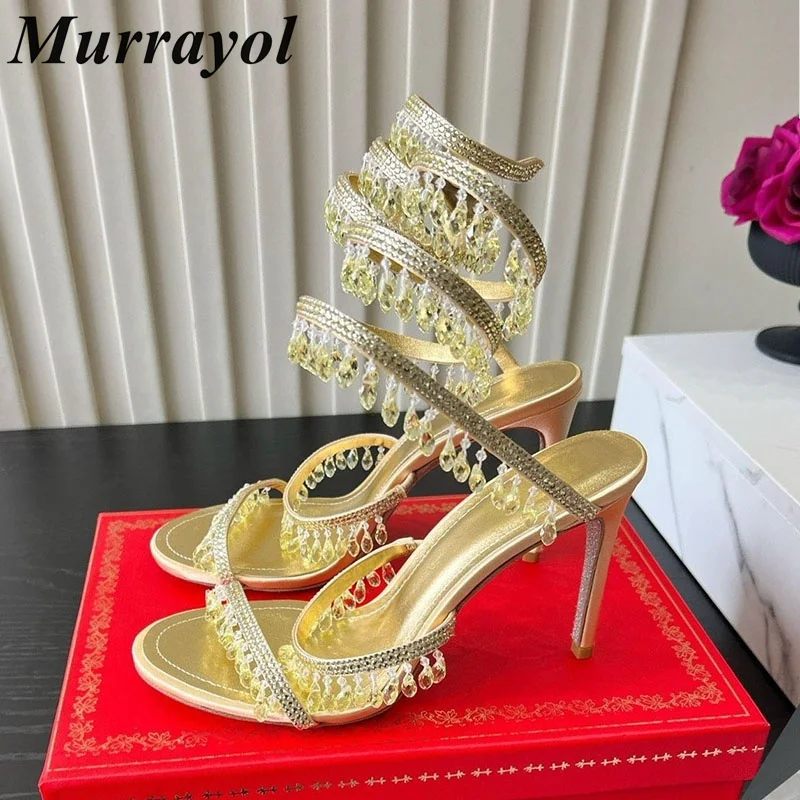 Sandals Summer Sparkling Crystal Tassel Pendant Thin High Heels Women's Serpentine Wrapped Gladiator Sandals Banquet Dress Shoes