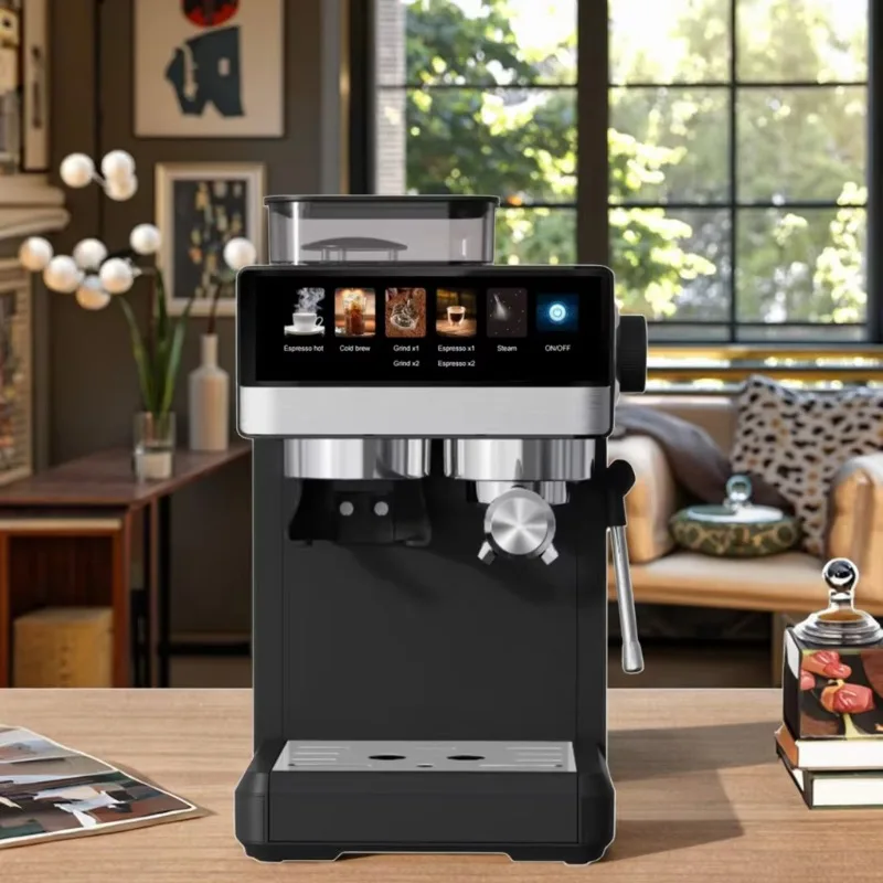

Digital Home Self Cleaning Single Boiler Expresso Maker Smart Color Menu Steam Latte Espresso Coffee Machine With Grinder