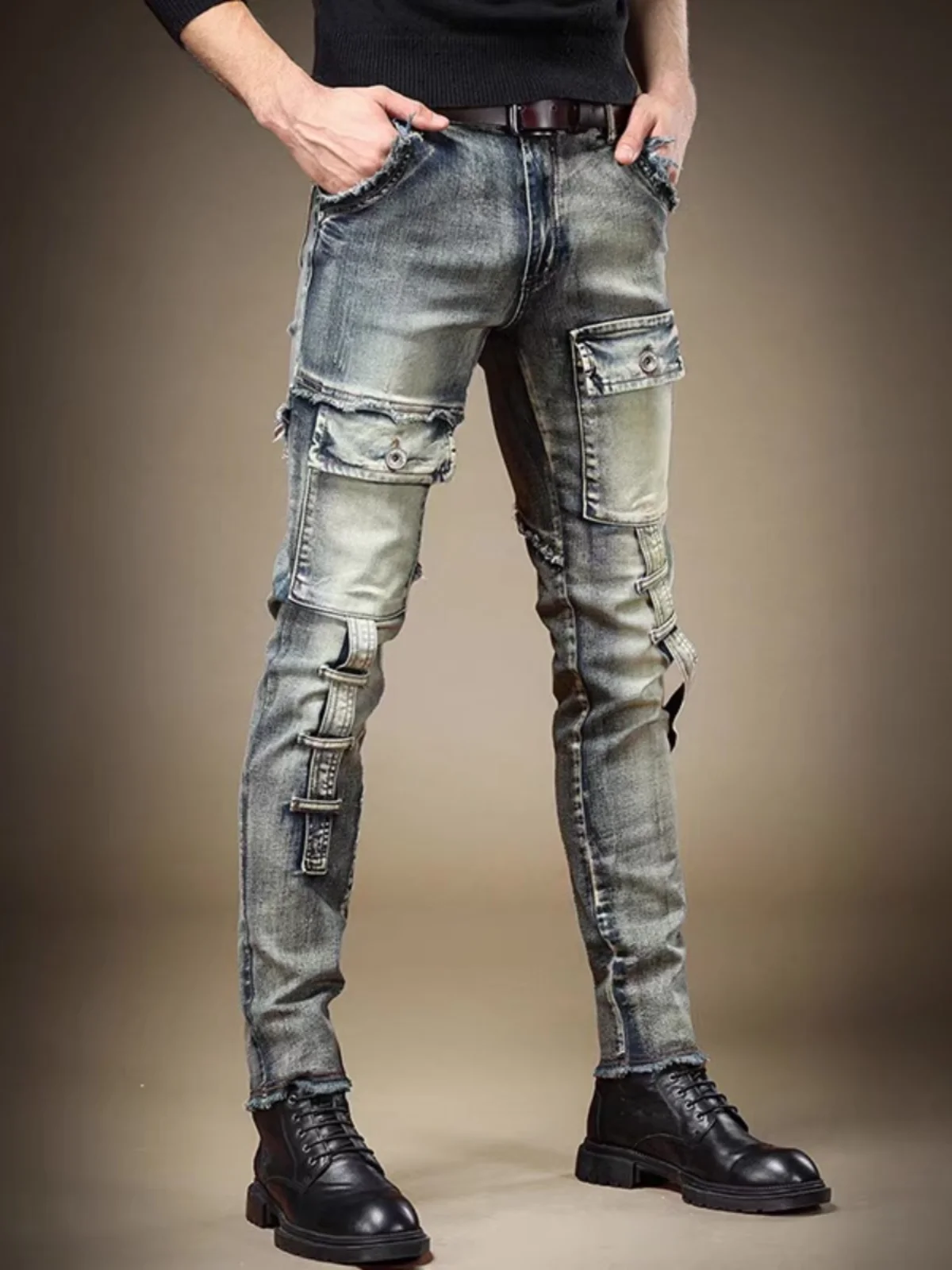

Ретро американская тяжелая рабочая одежда с джинсами на талии, мужские весенне-осенние облегающие длинные брюки с манжетами, модная мода