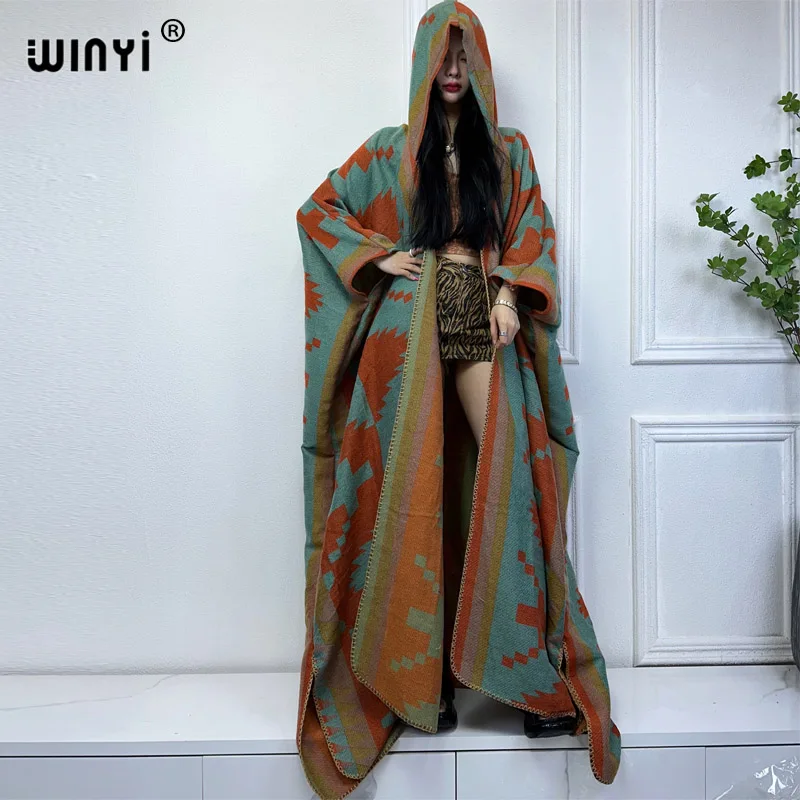 WINYI new Winter coat outfits Women high quality dress Loose Thick Warm Female kaftan poncho dress Hooded mop coat fashion Abaya