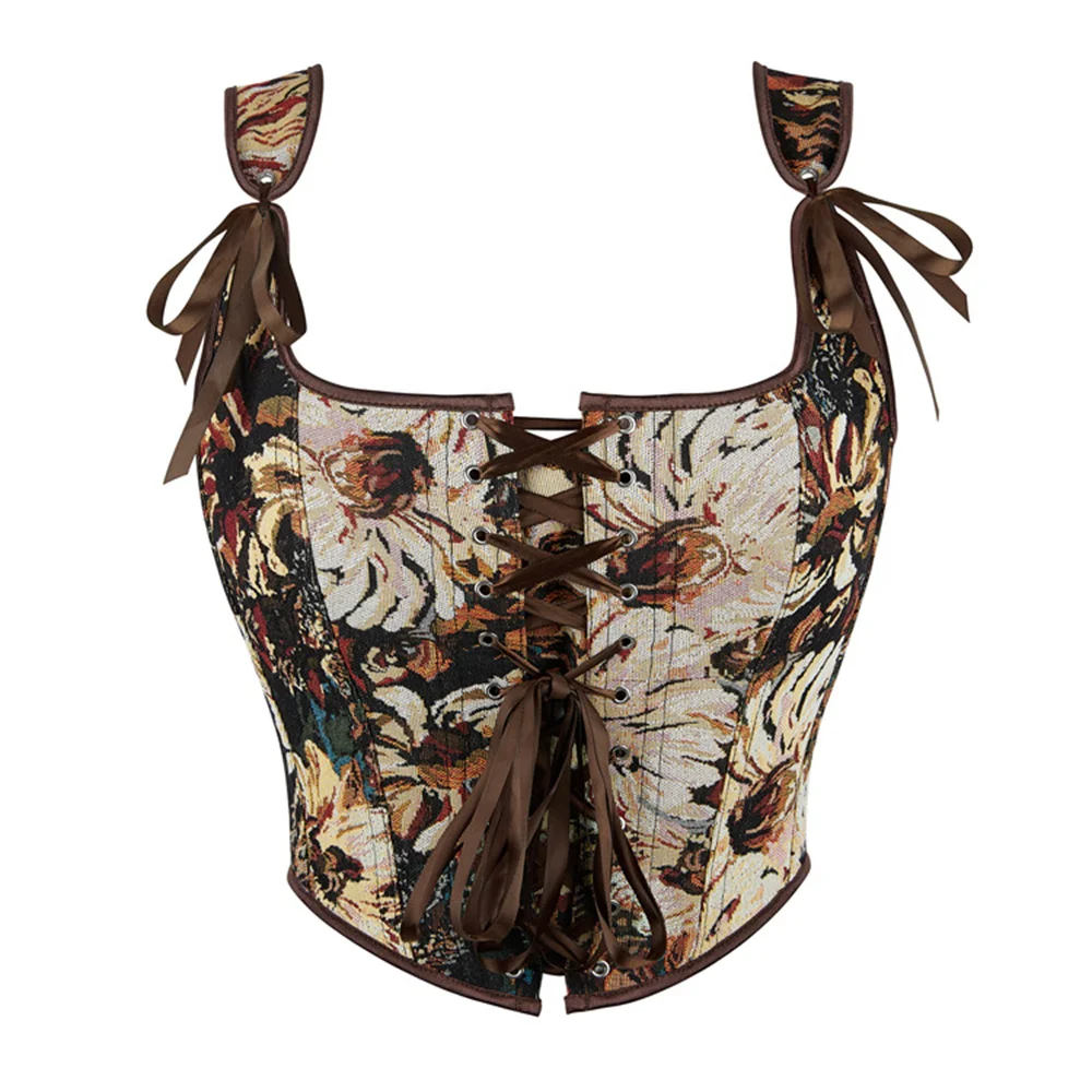 Brown Vintage French Oil Painting Flower Print Corset Crop Tops Gothic Adjustable Shoulder Strap Body Shaper Bustier Vest