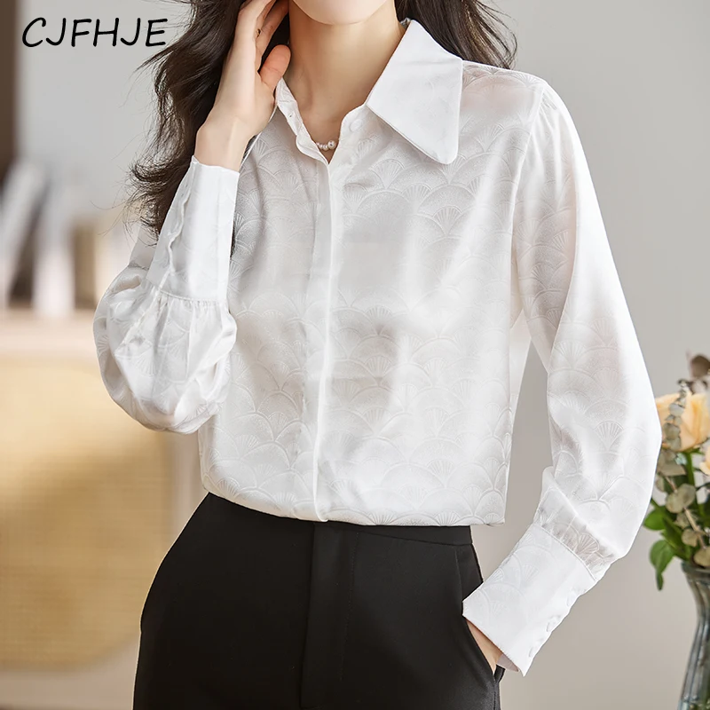 

CJFHJE High Quality Jacquard Satin Shirts Women New Spring Fall Fashion Casual Turn-Down Collar Long Sleeve Blouse Office Ladies