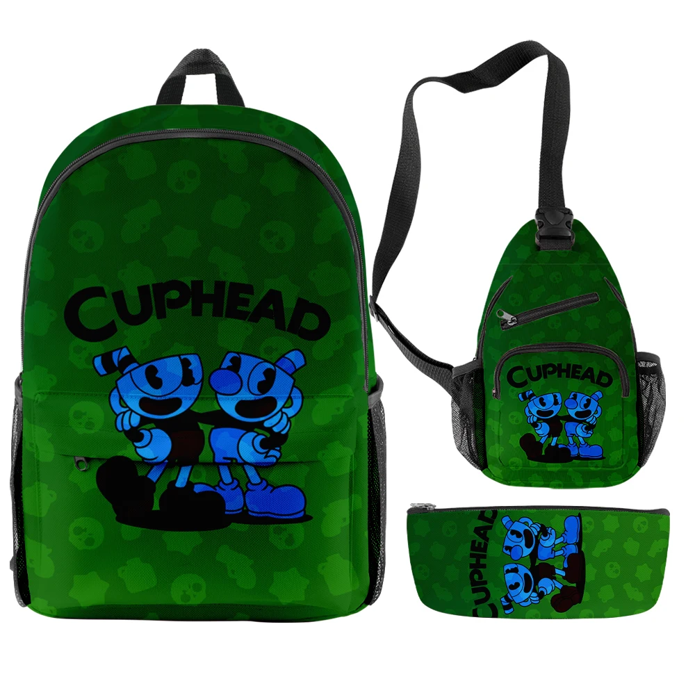 Harajuku Novelty Cool Anime Cuphead 3D Print 3pcs/Set pupil School Bags Travel Laptop Backpack Chest Bag Pencil Case