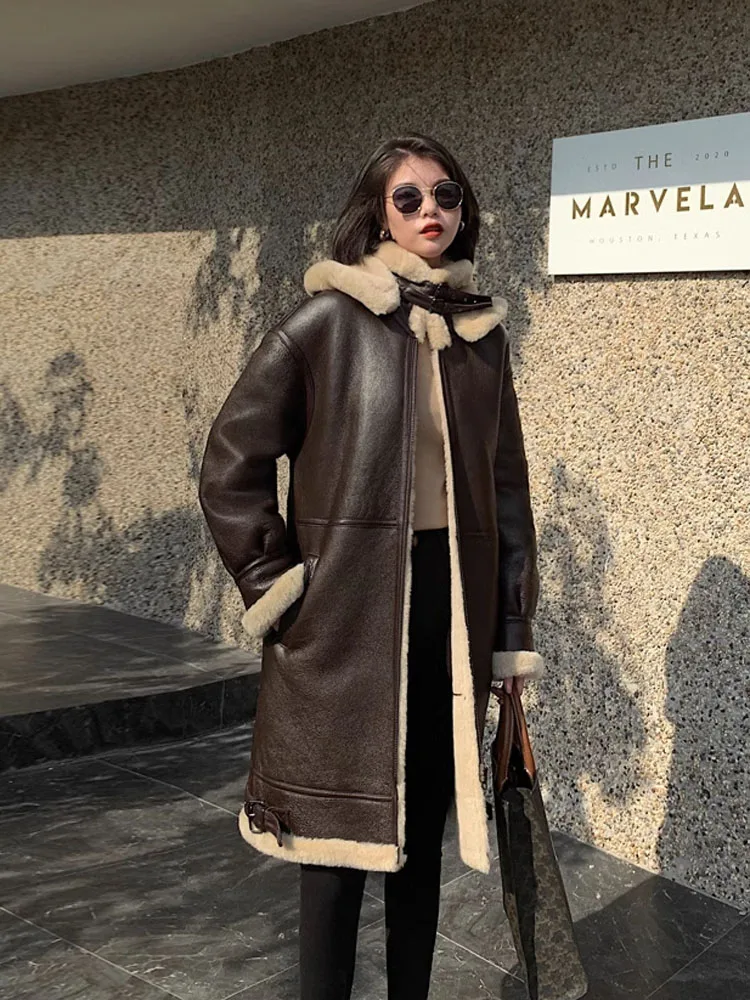 2024 Women\'s Winter Long Coat Genuine Sheepskin Leather Shearling Jacket for Female Thick Wool Liner Hooded Brown Plus Size 7XL