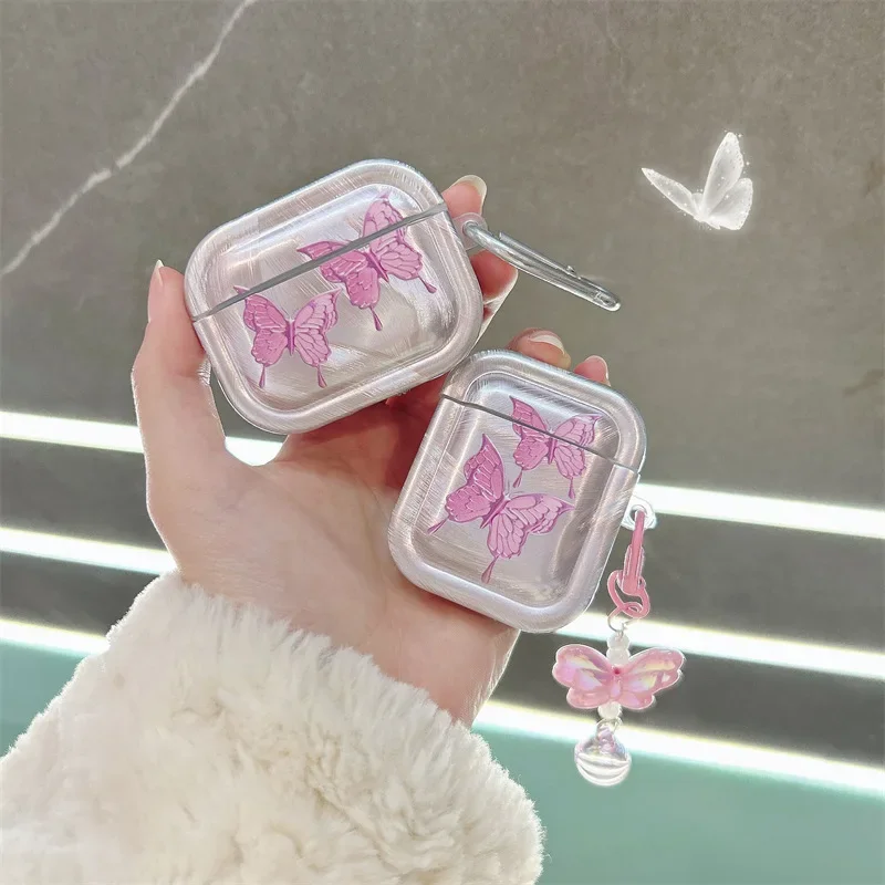Funda con colgante de mariposa rosa para AirPods 4, Airpod 1, 2, 3 Pro Pro2, auriculares Bluetooth, caja de carga, funda protectora para auriculares