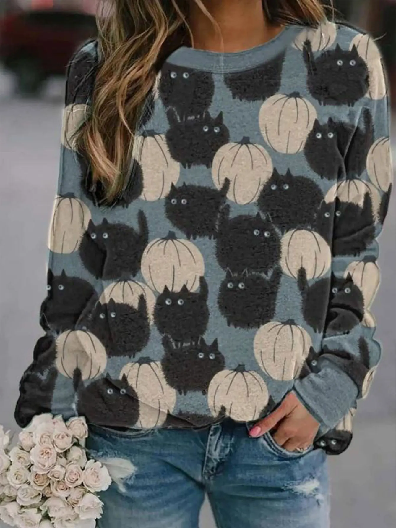 المرأة طويلة الأكمام طاقم الرقبة السترة الرسم طباعة مكتب عارضة أعلى الخريف الشتاء لطيف مريح سيدة ارتداء اليومي