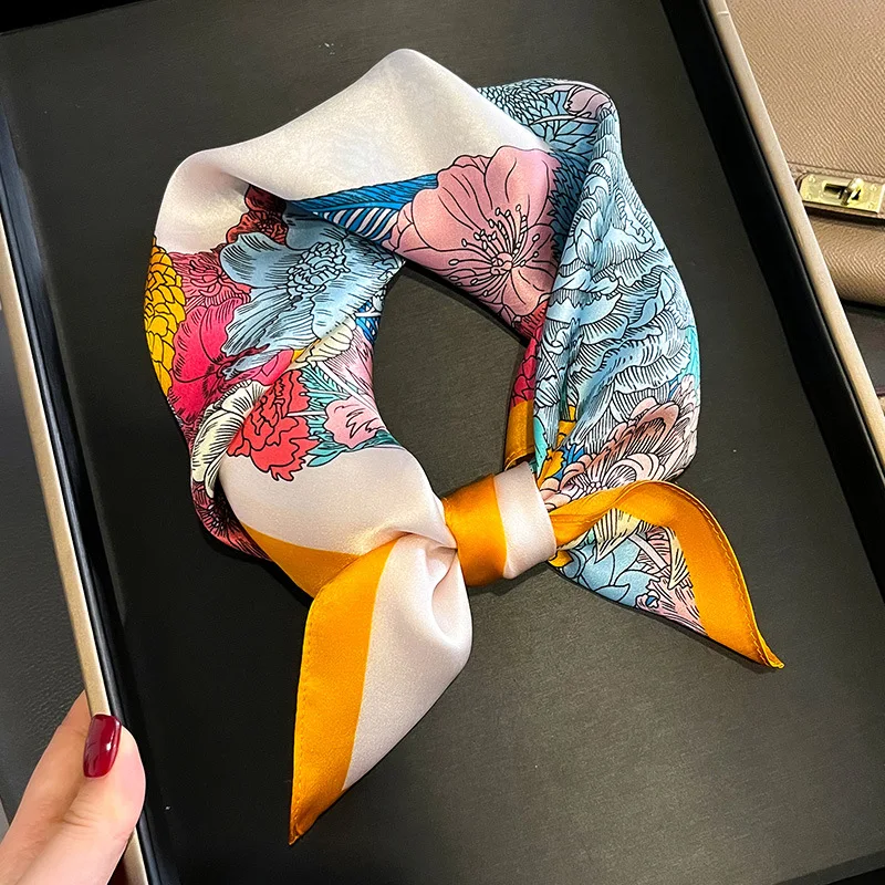 2024 New Women Square 100% Silk Scarf Foulard Bandana Lady Floral Scarves for Hair Bands Neckerchief Spring Bag Ties 53cm