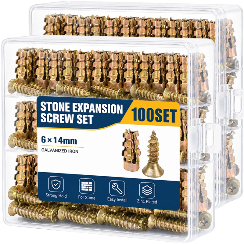 5-100Sets 6x14mm Self Tapping Expansion Tube Screws Galvanized Iron Stone Wall Anchors Heavy Duty Fixing Fastener Hardware Kit