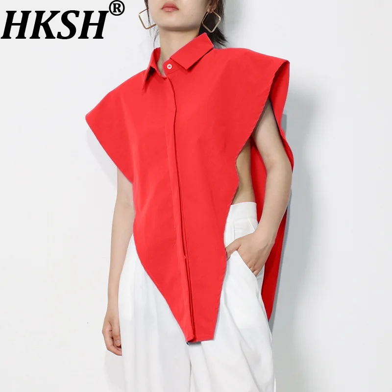 

HKSH Women Sexy Shirt Sleeveless Niche Design Turn-down Collar Single Breasted Solid Color Chic Tank Top New Summer 2026 HK19241