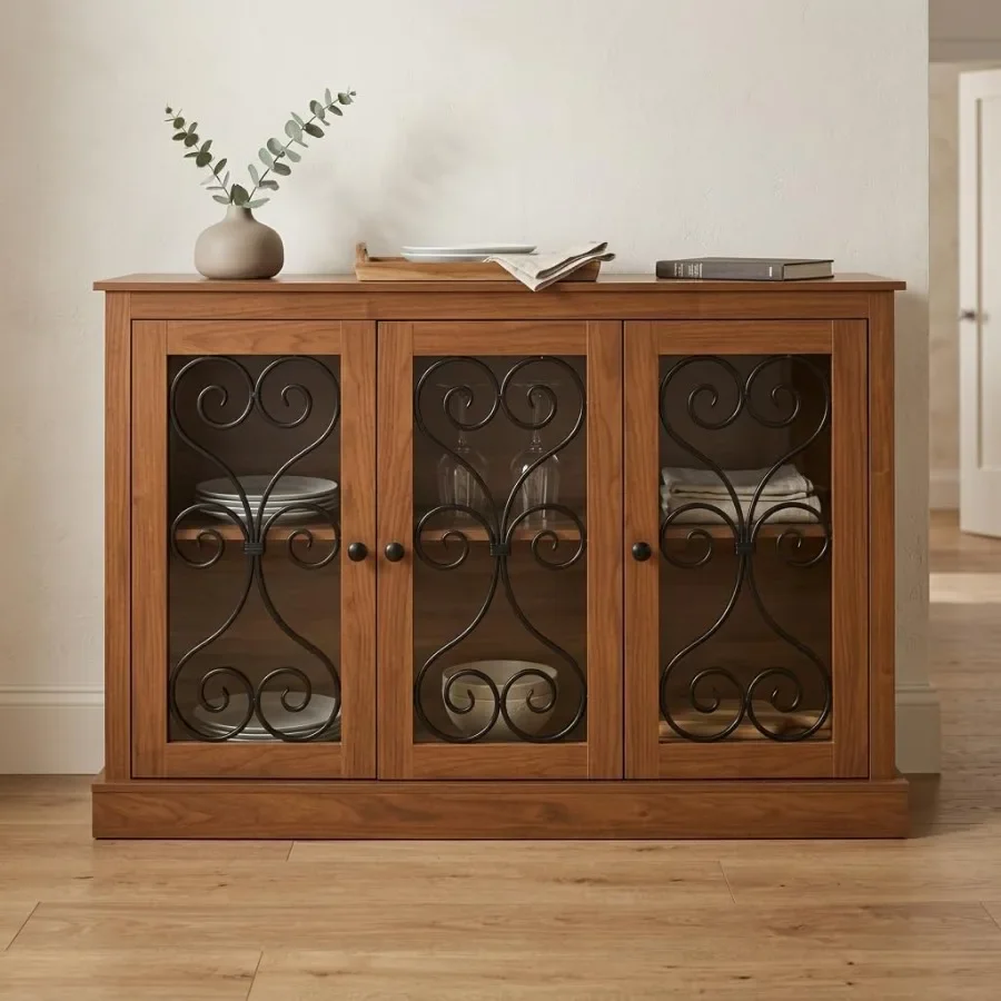 Kitchen, entryway dining room storage cabinet with glass doors, walnut wood finish, metal scroll design, elegant sideboard buff