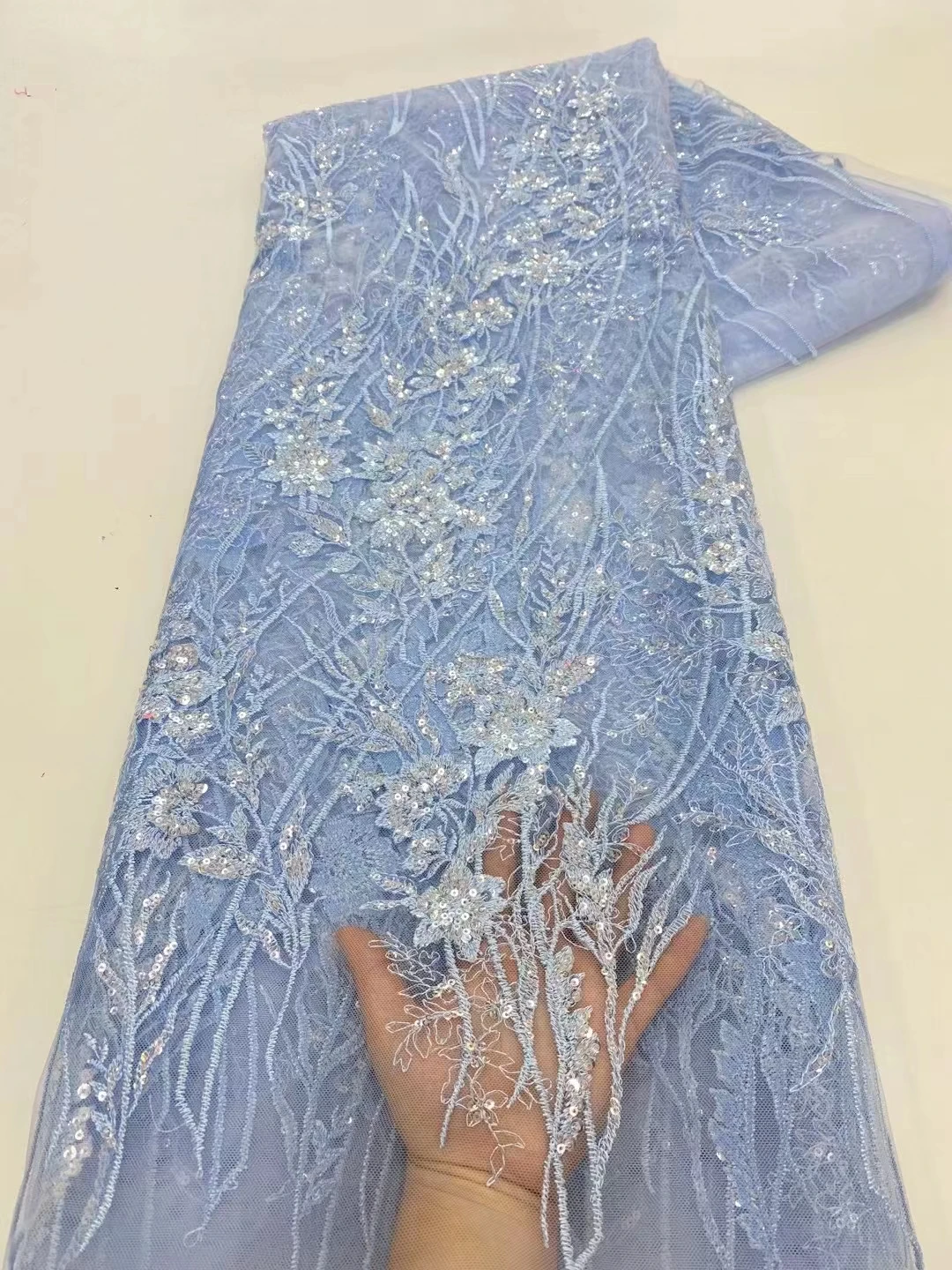

Sky Blue 3D Flowers African Tulle Lace Fabric 2024 High Quality French Sequilns Lace Fabric For Wedding Party Dress Sew KXX24106