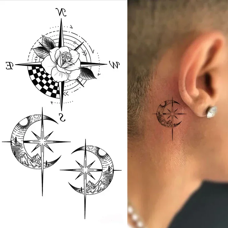 ملصقات الوشم البوصلة زهرة نجمة القمر السهم ماكياج الرقبة اليد القدم الذراع وهمية الوشم للنساء الرجال مقاوم للماء فن الجسم المؤقت #1