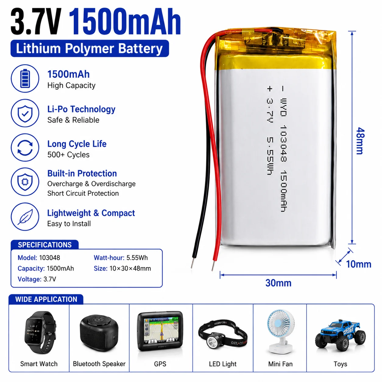 103048 3.7V 1500mAh LiPo Rechargeable Battery Replacement for Camping Light Headlamp Bluetooth Speaker