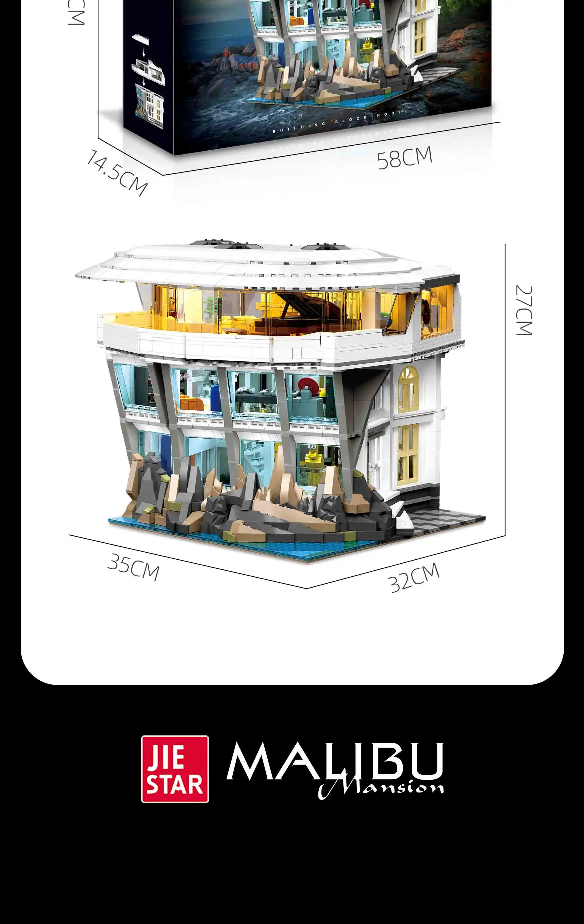 Kreative Marrvve 3284-teilige Malibu Bausteine Straßenansicht mit Beleuchtung Architekturmodell Ziegelstein-Spielzeug DIY Erwachsenen-Puzzle Geschenke – Detail 8