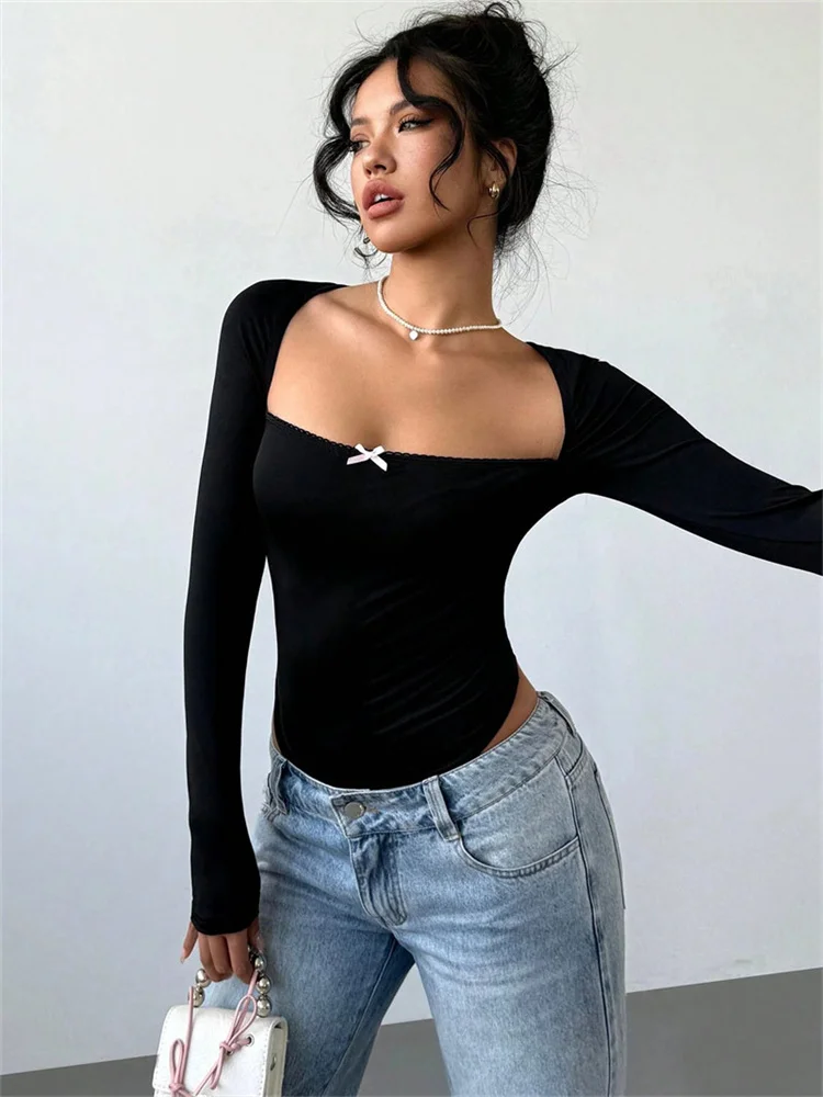 Shestyle Square Neck Black Bow Bodysuit Women Solid Skinny Tight Skin Care Basic Tops Long Sleeve Sexy High Waist Low Cut