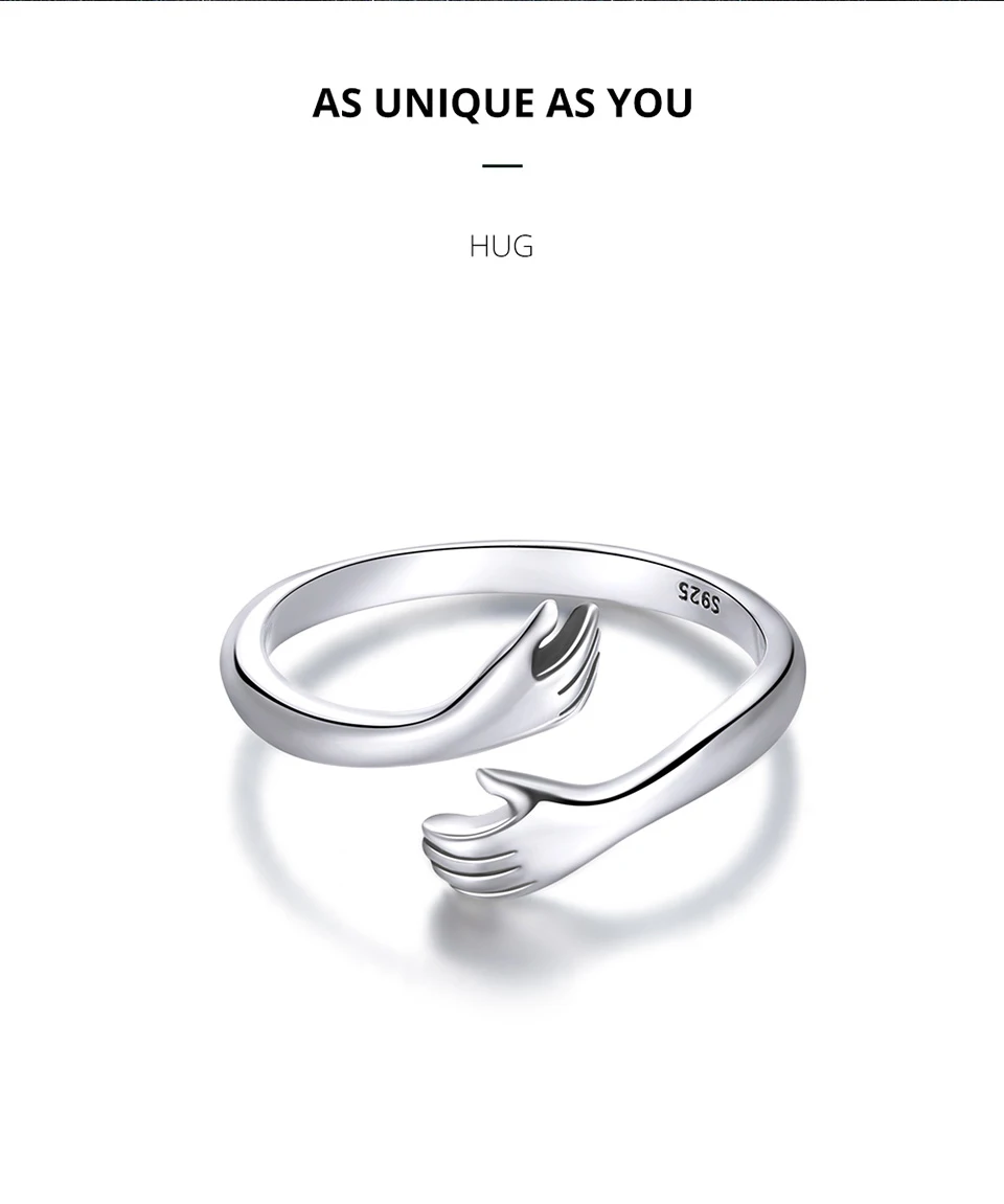 BAMOER 925 Sterling Silver Hug Open Ring Warm Love Hand Adjustable Glossy Ring for Women, His Big Loving Family Party Gift