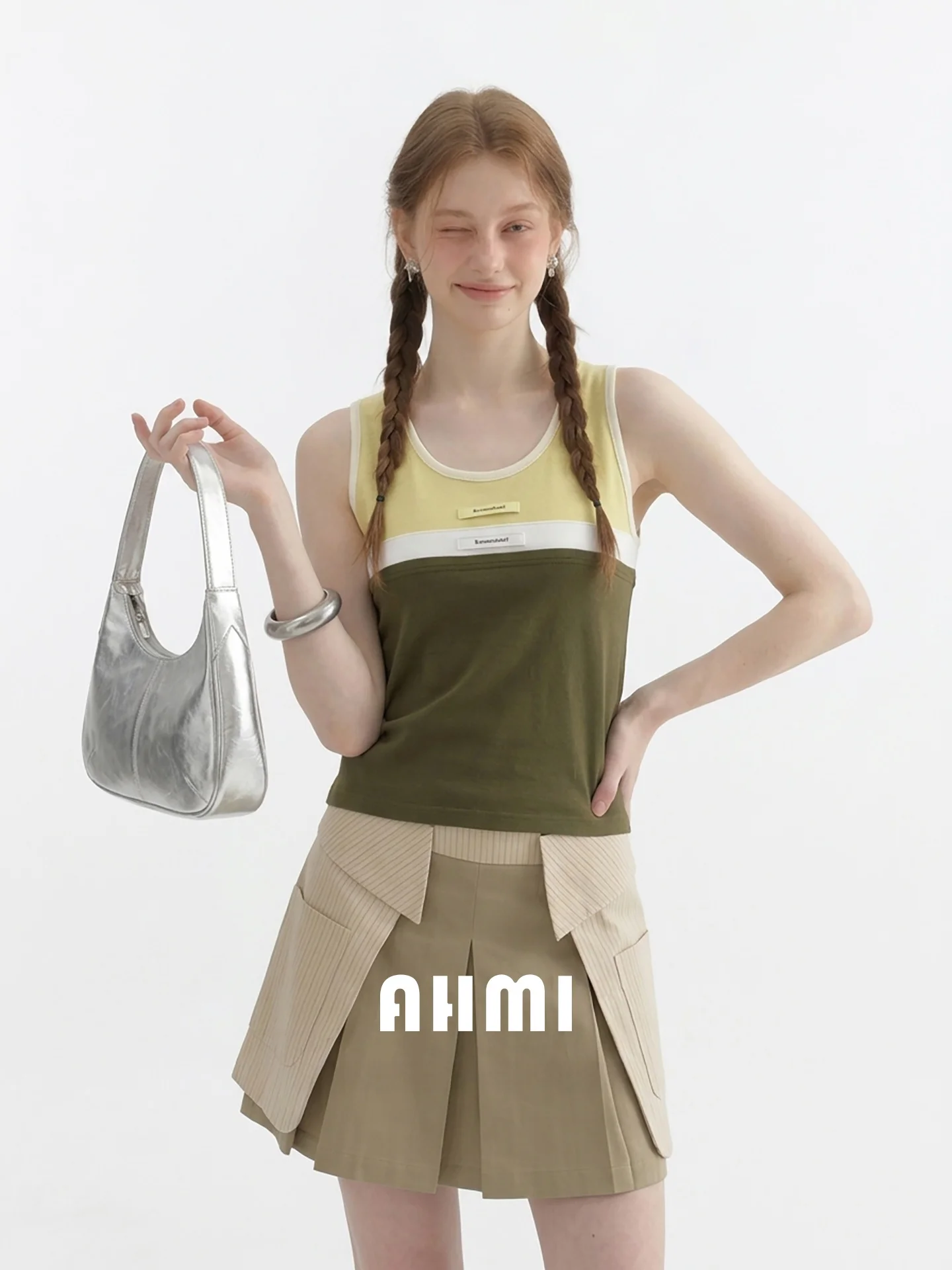 AHMI Casual Style Knitted Color Block Vest Women's Summer Sleeveless Top Yellow Green Contrast Young Looking round Neck Vest