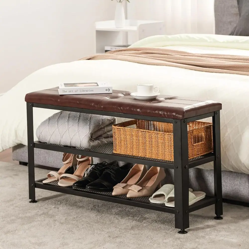 35.5 3-Tier Shoe Storage Bench with Leather Seat, Metal Frame, Holds 300 lbs, for Entryway, Living Room, Mudroom, Rustic Brown