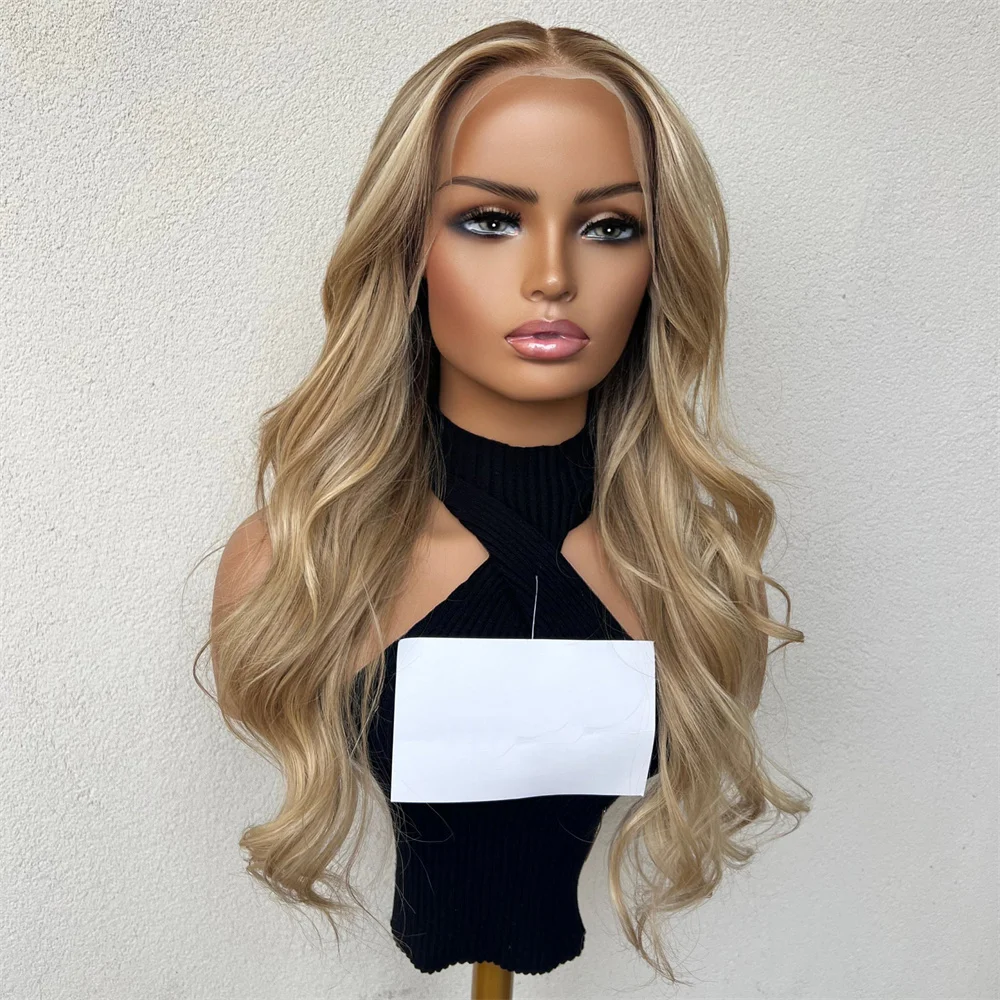 Loira dourada macia com raízes marrom claro destaca peruca 30% mistura de cabelo humano peruca dianteira do laço para senhoras festa capina wear & go
