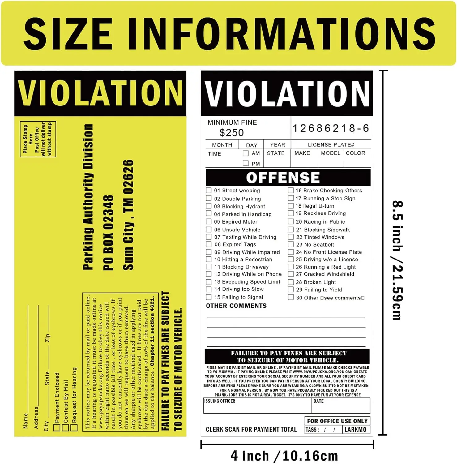 25 Pack Fake Parking Tickets 8.5x4inch Funny Double Side Violation Parking Kit Pretend Police Traffic and Safety Car Citations