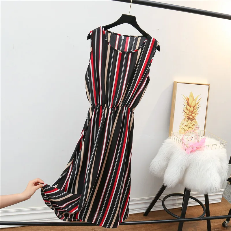 

Fashionable Stripe Sleeveless Midi Dress for Mom Middle-Aged Women Loose Slimming Dress Polyester Fiber round Neck Short Sleeve