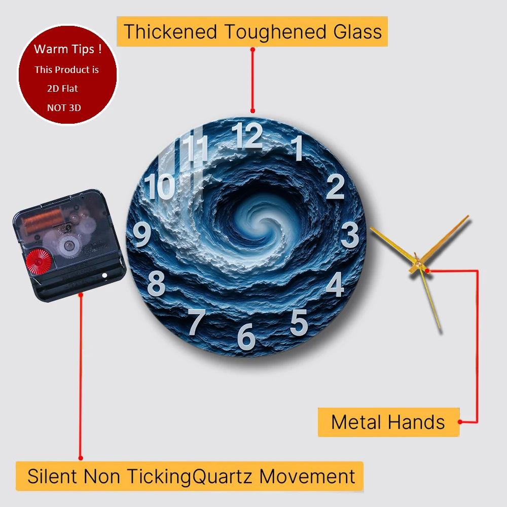 Tempered Glass Wall Clock Ocean Swirl Wave Pattern Clock Suitable For House Home Room Wall Decor or Tabletop Display Anywhere