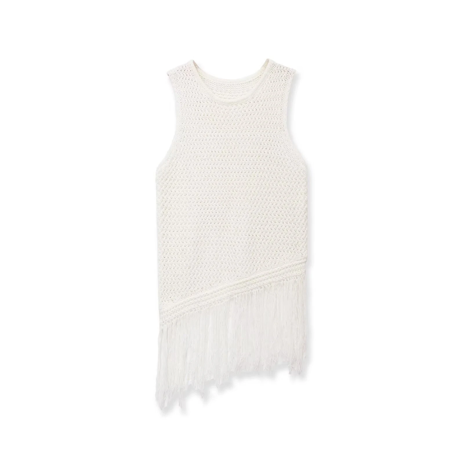 Europäischer und amerikanischer Stil, neues Sommer-Stricktop für Damen, schlicht, ärmellos, Rundhalsausschnitt, lässig, mit Quastenverzierung