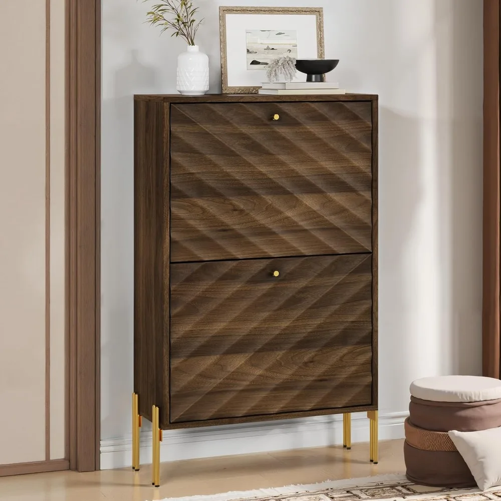 

Шкаф для обуви из орехового дерева с 2 откидными ящиками, скрытый шкаф для хранения обуви 23,6 с золотыми металлическими ножками, отдельно стоящий орган для обуви