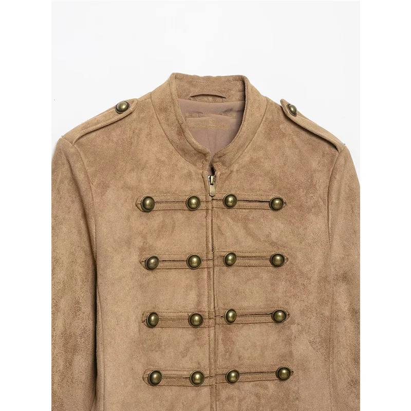 Guobioziy 2026 Early Fall Women Cropped Outerwear Stand Collar Decorative Metal Buttons Shoulder Tab Long Sleeve Chic Jacket