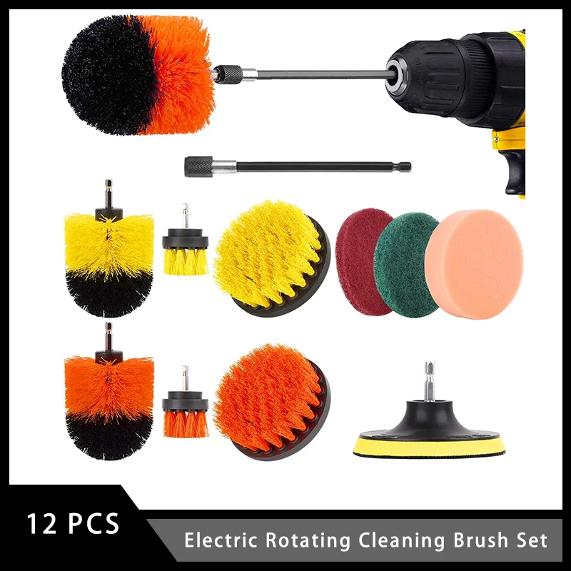 

12 Pcs Electric Rotating Cleaning Brush Set with Scouring Pads Washing Sponge Extension Attachment for Cleaning Tiles Toilet Rms