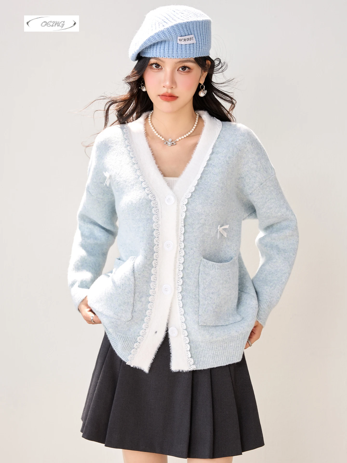 

Fashion Spliced Lace Loose Gentle Style V-neck Sweater Knitted Cardigan Women Elegant French Long Sleeve Warm Tops Knitwear 6043