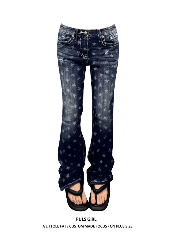 

Ретро-джинсы американского стиля большого размера с эффектом потертости, женские, с принтом звезд, расклешенные, облегающие, длинные брюки, повседневные, с низкой посадкой