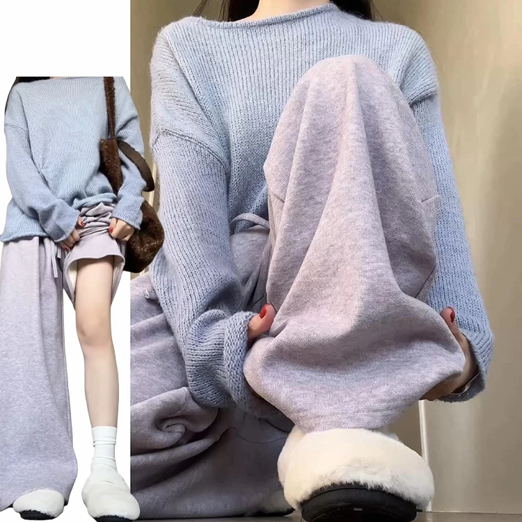 슬림 와이드 레그 니트 바지 한국 스타일 컬러 출퇴근 패셔너블 여성 가을 겨울 신상 바지