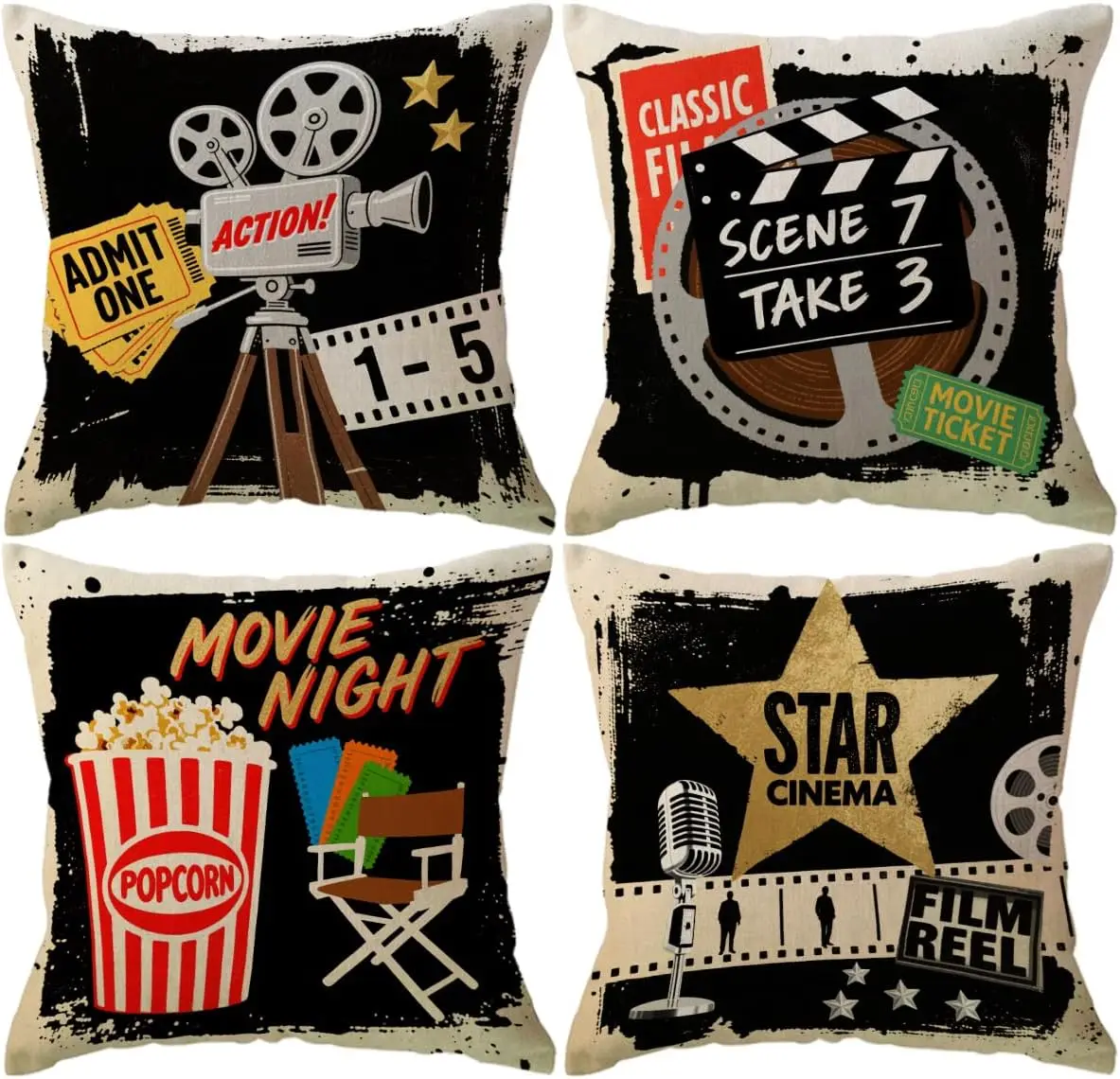 4 Pack Movie Night Cinema Theme Throw Pillow Covers Popcorn Film Reel Cushion Decor Set Theater Movie Lovers Home Decor