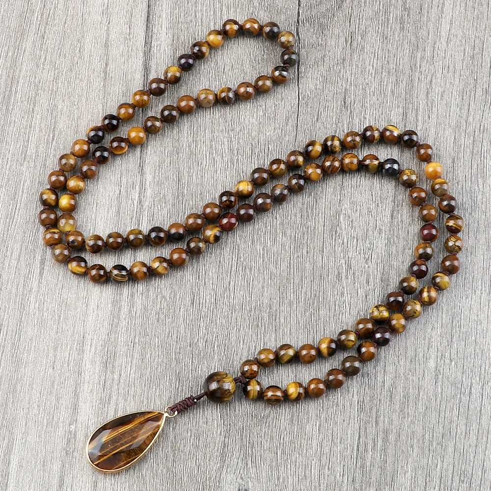 6mm Natural Stone Black Obsidian Tiger-eye Beads Necklaces Men Handmade Knotted 108 Mala Necklaces Women Yoga Meditation Jewelry
