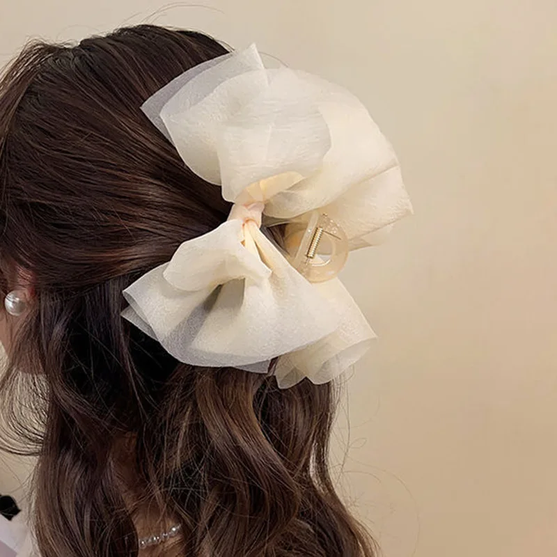 Fashion Mesh Tulle Large Bow Grab Clip Elegant Retro Female Net Yarn Ponytail Hairpins Headdress Girls Hair Accessories