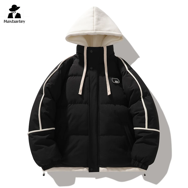 

2025 New Jacket Men's Women's Winter Harajuku Ski Thick Warm Down Cotton Padding Jacket Casual Simple Fake Two-piece Hooded Coat