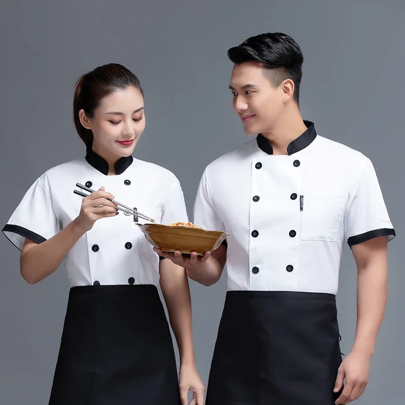 Commercio all'ingrosso Unisex ristorante uniforme panetteria servizio di ristorazione manica corta traspirante doppio petto nuovo chef uniforme vestiti da cucina