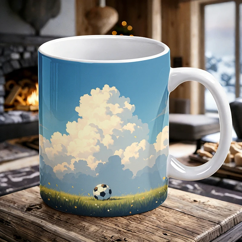 Minimal Blue Sky Meadow Soccer Coffee Mug, Simple Calm Football Nature Ceramic Cup, 11oz Aesthetic Relax Sport Daily Water Mug