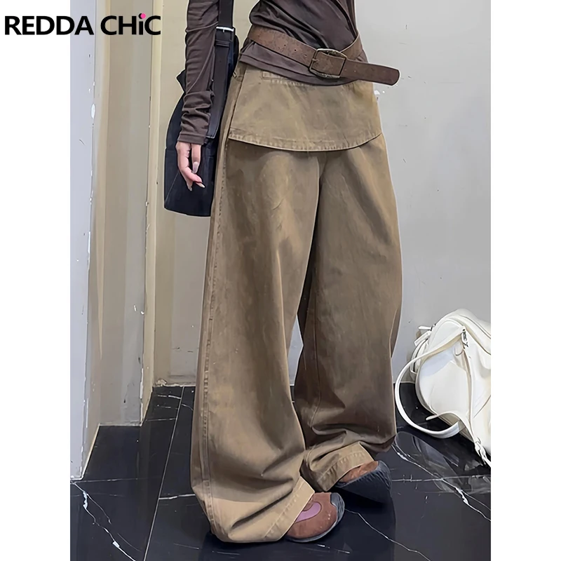 ReddaChic-pantalones largos rectos para mujer, pantalón Retro caqui liso, informal, holgado, de tiro alto, por encima de la parte delantera, Palazzo