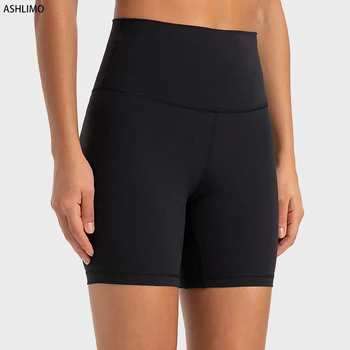 블랙 늑골이있는 여자 체육관 반바지 스포츠 높은 허리 통기성 피트니스 요가 반바지를 밀어 여자 러닝 반바지