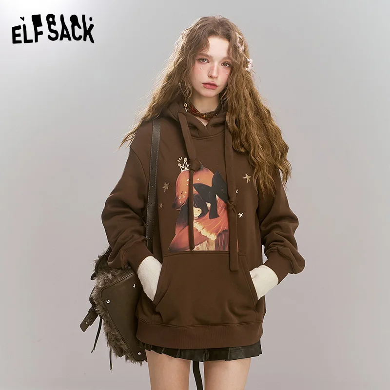 ELFSACK 2024 Winter New Arrivals Maillard Cartoon Printed Velvet Hoodie for Women, Loose Casual Top