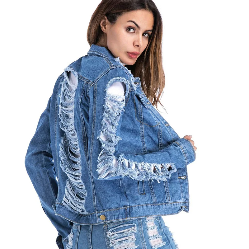 Autumn New Big Hole Blue Denim Jacket Coats Women Jaqueta Feminina Jeans